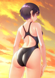 1girl ass black_hair black_one-piece_swimsuit brown_eyes cloud commentary_request competition_swimsuit cowboy_shot from_below highres kuri_(kurigohan) one-piece_swimsuit orange_sky original short_hair sky solo standing sunset swimsuit