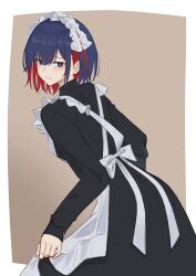 Rule 34 | 1girl, absurdres, alternate costume, apron, back bow, black dress, blue eyes, blue hair, blush, border, bow, brown background, closed mouth, colored inner hair, commentary request, cowboy shot, dress, embarrassed, enmaided, from behind, highres, kamitsubaki studio, leaning forward, light smile, long sleeves, looking at viewer, looking back, maid, maid apron, maid headdress, multicolored eyes, multicolored hair, neko hiiragi, outside border, red eyes, red hair, rim (kamitsubaki studio), short hair, simple background, skirt hold, sleeves past wrists, solo, virtual youtuber, white border, white bow, yellow pupils