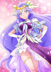 Rule 34 | 1girl, asymmetrical clothes, blue eyes, breasts, circlet, closed mouth, cowboy shot, criss-cross halter, cure earth, dress, duplicate, earrings, earth windy harp, floating hair, fuurin asumi, gloves, halterneck, hanzou, healin&#039; good precure, highres, holding, jewelry, long hair, looking at viewer, medium breasts, no panties, pixel-perfect duplicate, precure, purple dress, purple hair, smile, solo, standing, thigh gap, thighlet, very long hair, white gloves