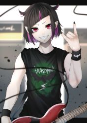 Rule 34 | 1boy, \n/, absurdres, animal print, bare shoulders, bat print, black hair, black nails, black shirt, blurry, blurry background, commentary request, electric guitar, fangs, green shirt, grin, guitar, highres, instrument, jewelry, kinaco 4738, lilia vanrouge, looking at viewer, male focus, multicolored hair, nail polish, pink eyes, pink hair, pointy ears, red eyes, shirt, short hair, slit pupils, smile, solo, streaked hair, teeth, twisted wonderland, two-tone hair, upper body, wristband