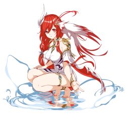Rule 34 | 1girl, anklet, bare legs, barefoot, bird, bracelet, fu hua, full body, hair ornament, honkai (series), honkai impact 3rd, jewelry, jingwei (honkai impact), long hair, official art, red eyes, red hair, thigh strap, third-party source, transparent background, water