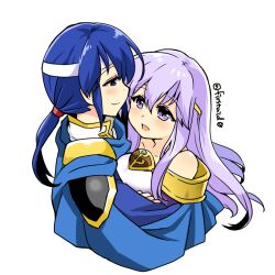 Rule 34 | 1boy, 1girl, blue cape, blue eyes, blue hair, brother and sister, cape, circlet, dress, fire emblem, fire emblem: genealogy of the holy war, headband, hug, implied incest, julia (fire emblem), looking at another, nintendo, open mouth, ponytail, purple eyes, purple hair, seliph (fire emblem), siblings, simple background, smile, white headband, yukia (firstaid0)