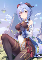 Rule 34 | 1girl, absurdres, ahoge, bare shoulders, bell, black gloves, blue hair, blue sky, bodystocking, breasts, closed mouth, commentary request, day, detached sleeves, feet out of frame, floating island, flower knot, ganyu (genshin impact), genshin impact, gloves, highres, horns, knee up, long hair, long sleeves, looking at viewer, medium breasts, on ground, outdoors, red eyes, red ribbon, ribbon, sidelocks, sitting, sky, solo, tassel, thighs, very long hair, wan xing