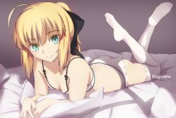 Rule 34 | 1girl, ahoge, alternate costume, aqua eyes, artist name, artoria pendragon (all), artoria pendragon (fate), ass, black bow, blonde hair, bow, bra, breasts, cleavage, closed mouth, eyebrows, fate/grand order, fate/stay night, fate/unlimited codes, fate (series), hair bow, long hair, looking at viewer, lying, magicians (zhkahogigzkh), no shoes, on bed, on stomach, panties, pillow, ponytail, saber (fate), saber lily, see-through, smile, solo, underwear, underwear only, veil, white bra, white legwear, white panties, window shadow