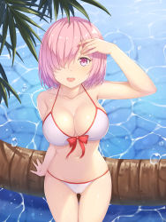 Rule 34 | 1girl, :d, absurdres, adapted costume, arm at side, bare shoulders, bikini, blush, breasts, collarbone, day, fate/grand order, fate (series), gluteal fold, groin, hair between eyes, hair over one eye, hallohi, hand to head, hand up, highres, hip focus, large breasts, legs together, light purple hair, looking at viewer, mash kyrielight, mash kyrielight (swimsuit of perpetual summer), navel, official alternate costume, open mouth, outdoors, palm tree, purple eyes, purple hair, shiny skin, short hair, skindentation, skirt, smile, solo, standing, stomach, string bikini, swimsuit, teeth, thigh gap, tree, upper teeth only, water, water drop, white bikini