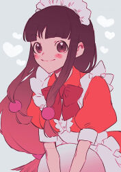 Rule 34 | 1girl, ace attorney, apron, black hair, blunt bangs, blush, bow, brown eyes, center frills, closed mouth, dress, frills, hair ornament, heart, holding, holding tray, long hair, looking at viewer, maid, maid headdress, maya fey, noi350, official alternate costume, orange dress, parted bangs, phoenix wright: ace attorney - trials and tribulations, puffy short sleeves, puffy sleeves, red bow, short sleeves, sidelocks, simple background, smile, solo, tray, white apron