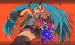 Rule 34 | 1girl, aqua hair, bad id, bad pixiv id, detached sleeves, foreshortening, green eyes, grin, hatsune miku, headset, long hair, looking at viewer, nail polish, renzu, skirt, smile, solo, thighhighs, twintails, very long hair, vocaloid, wink, zettai ryouiki