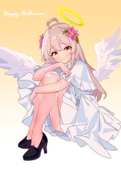 Rule 34 | 1girl, absurdres, ahoge, angel wings, bare legs, black footwear, capelet, commentary, dress, english text, flower, full body, gradient background, hair between eyes, hair flower, hair ornament, halo, happy halloween, high heels, highres, legs, light brown hair, long hair, looking at viewer, nail polish, onii-chan wa oshimai!, oyama mahiro, pa panahana, pink nails, red eyes, shoes, simple background, sitting, smile, solo, white capelet, white dress, wings, yellow background