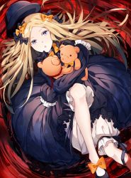 Rule 34 | 1girl, :o, abigail williams (fate), black bow, black dress, black footwear, black hat, blonde hair, bloomers, blue eyes, bow, bug, butterfly, commentary request, dress, fate/grand order, fate (series), hair bow, hands in opposite sleeves, hat, highres, hizuki miya, hugging object, insect, long hair, long sleeves, looking at viewer, lying, on back, orange bow, parted bangs, parted lips, polka dot, polka dot bow, rope, shoes, solo, stuffed animal, stuffed toy, teddy bear, underwear, very long hair, white bloomers
