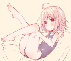 Rule 34 | 1girl, ahoge, ass, barefoot, braid, brown eyes, brown hair, fang, fang out, feet, full body, hands on own thighs, leg lift, legs, legs up, lying, meito (maze), on back, one-piece swimsuit, original, pillow, plantar flexion, school swimsuit, short hair, solo, swimsuit, toes