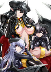 Rule 34 | &gt;:), 3girls, age difference, backless outfit, bare shoulders, black eyes, black gloves, black hair, breasts, brown eyes, closed mouth, couch, covered erect nipples, demon girl, demon horns, demon wings, ear piercing, elbow gloves, fantasy, gloves, hand on another&#039;s head, head rest, horns, isse, large breasts, long hair, looking at viewer, midriff, multiple girls, navel, original, parted lips, piercing, pointy ears, revealing clothes, sidelocks, silver hair, sitting, stomach, v-shaped eyebrows, wings