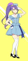 Rule 34 | 1girl, aikatsu! (series), aikatsu stars!, arm up, bad id, bad twitter id, black footwear, blue dress, blue hat, collared dress, dress, earrings, full body, gloves, hand on own hip, hat, high heels, highres, image sample, jewelry, kisaragi tsubasa, long hair, looking at viewer, mary janes, ponytail, purple hair, salute, shiontaso, shoes, short sleeves, smile, solo, standing, thighhighs, twitter sample, white gloves, white thighhighs, yellow background, yellow eyes