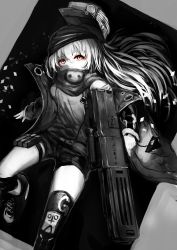 Rule 34 | 1girl, ammunition pouch, assault rifle, belt, breasts, brown eyes, buckle, bullpup, caseless firearm, collared jacket, covered mouth, dalazi, floating hair, g11 (girls&#039; frontline), girls&#039; frontline, glowing, gun, h&amp;k g11, hair between eyes, hat, highres, holding, holding weapon, horizontal magazine, jacket, knee pads, leg up, long hair, long sleeves, looking at viewer, magazine (weapon), monochrome, multiple girls, off shoulder, open clothes, open jacket, outstretched arm, outstretched hand, personification, pouch, prototype design, rifle, scarf, scarf on head, scope, shirt, shorts, sidelocks, solo, strap, thigh strap, thighhighs, trigger discipline, very long hair, weapon