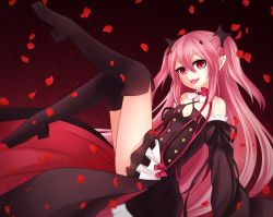 Rule 34 | 10s, 1girl, detached collar, detached sleeves, fangs, gothic lolita, krul tepes, leaf, lolita fashion, long hair, owari no seraph, petals, pink hair, pointy ears, red eyes, solo, twintails, two side up, vampire, very long hair