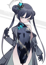 Rule 34 | 1girl, black dress, black gloves, blue archive, breasts, bukurote, butterfly hair ornament, china dress, chinese clothes, dress, gloves, grey eyes, grey jacket, hair ornament, halo, highres, jacket, kisaki (blue archive), long hair, looking at viewer, looking back, small breasts, solo, striped clothes, striped jacket, vertical-striped clothes, vertical-striped jacket, white background