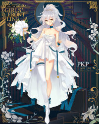 Rule 34 | 1girl, ahoge, alternate hairstyle, bare shoulders, blue choker, blue ribbon, boots, bouquet, breasts, character name, choker, collarbone, dress, earrings, flower, full body, girls&#039; frontline, glint, hair between eyes, hand up, holding, holding bouquet, jewelry, long hair, looking at viewer, no sense of shame, official alternate costume, official art, open mouth, ornate ring, pkp (girls&#039; frontline), pkp (silver star) (girls&#039; frontline), ponytail, ribbon, ring, sidelocks, silver hair, single thighhigh, small breasts, solo, star (symbol), strapless, strapless dress, thighhighs, very long hair, weapon case, wedding dress, wedding ring, white dress, white flower, white footwear, white thighhighs, wrist ribbon, yellow eyes