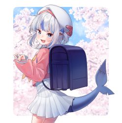 Rule 34 | 1girl, :d, absurdres, alternate costume, backpack, bag, beret, blue bag, blue eyes, cherry blossoms, commentary request, cowboy shot, day, fins, fish tail, from side, gawr gura, hair ornament, hat, highres, hololive, hololive english, long sleeves, looking at viewer, medium hair, multicolored hair, open mouth, pink shirt, pleated skirt, sailor collar, shark, shark hair ornament, shark tail, sharp teeth, shirt, skirt, smile, solo, taemin, tail, teeth, upper teeth only, virtual youtuber, white skirt