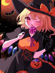 Rule 34 | 1girl, alternate costume, bat (animal), black gloves, blonde hair, candy, cowboy shot, crescent moon, crystal wings, flandre scarlet, food, gloves, hat, jack-o&#039;-lantern, lollipop, moon, night, night sky, one eye closed, outdoors, siomi 403, sky, solo, star (sky), tongue, tongue out, touhou, witch, witch hat