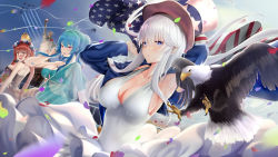 Rule 34 | 3girls, :d, ahoge, american flag, american flag hat, american flag print, armpits, azur lane, bare shoulders, bird, black dress, black ribbon, blue dress, blue hair, blue sky, blush, breasts, cleavage, collarbone, contrail, day, dress, eagle, enterprise (azur lane), floating hair, hair between eyes, hair ribbon, halter dress, halterneck, hat, highres, honolulu (azur lane), jacket, large breasts, long hair, looking at viewer, multiple girls, o-ring, open mouth, outdoors, peaked cap, piukute062, purple eyes, red eyes, red hair, red lips, ribbon, see-through, silver hair, sky, sleeveless, smile, st. louis (azur lane), statue of liberty, strapless, strapless dress, tiara, top hat, twintails, united states, very long hair, white dress, wind, wind lift, wreath