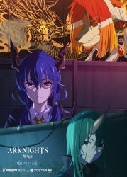 Rule 34 | 1boy, 2girls, arknights, blue hair, ch&#039;en (arknights), dark blue hair, dragon girl, dragon horns, dragon print, english text, furry, furry male, green hair, highres, horns, hoshiguma (arknights), jacket, low twintails, multiple girls, official art, red eyes, scar, single horn, skin-covered horns, smoke, twintails, uncle and niece, wei yenwu (arknights), yellow eyes, yostar pictures
