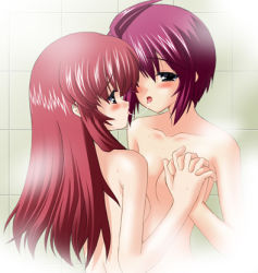 Rule 34 | 00s, 2girls, artist request, back, bare shoulders, black eyes, blush, breasts, eye contact, female focus, gundam, gundam seed, gundam seed destiny, holding hands, incest, kiss, long hair, looking at another, lowres, lunamaria hawke, meyrin hawke, multiple girls, open mouth, purple hair, red hair, saliva, saliva trail, short hair, siblings, sisters, steam, yuri