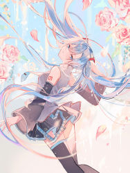Rule 34 | 1girl, absurdres, arched back, black skirt, black thighhighs, blue eyes, blue hair, blue necktie, cherry blossoms, detached sleeves, floating hair, flower, grey shirt, grey sleeves, hair between eyes, hair ornament, hatsune miku, head tilt, highres, long hair, long sleeves, miniskirt, nagihaha, necktie, parted lips, petals, pink flower, pink rose, pleated skirt, rose, shirt, skirt, sleeveless, sleeveless shirt, solo, thighhighs, twintails, very long hair, vocaloid, zettai ryouiki