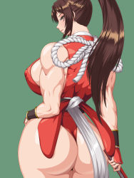 Rule 34 | 1girl, ass, bare shoulders, breasts, brown eyes, brown hair, covered erect nipples, cowboy shot, curvy, fatal fury, folding fan, from behind, green background, hand fan, high ponytail, highres, huge ass, huge breasts, japanese clothes, large breasts, legs together, leotard, long hair, looking at viewer, looking back, muscular, muscular female, no bra, ponytail, red sash, ren (tainca2000), ribbon, rope, sash, shiranui mai, sideboob, sidelocks, simple background, smile, solo, standing, thick thighs, thighs, thong, thong leotard, white ribbon, white rope