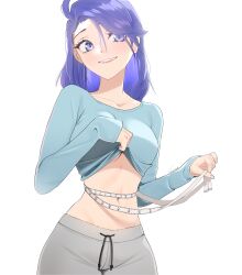 Rule 34 | 1girl, absurdres, adomiwan, aoi (adomiwan), blue eyes, blue hair, blue shirt, breasts, clothes lift, collarbone, commentary, cowboy shot, fang, grey pants, highres, long hair, long sleeves, measuring, medium breasts, midriff, navel, original, pants, shirt, shirt lift, simple background, skin fang, smile, solo, stomach, sweatpants, tape measure, teeth, waist measuring, white background