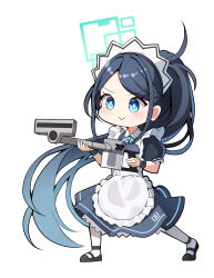 Rule 34 | 1girl, :&gt;, absurdly long hair, apron, aqua halo, aris (blue archive), aris (maid) (blue archive), black dress, black footwear, black hair, blue archive, blue eyes, blush, closed mouth, dress, frilled apron, frills, full body, green halo, halo, highres, holding, long hair, maid, maid apron, maid headdress, pantyhose, rectangular halo, shoes, simple background, smile, sob (submar1089), solo, vacuum cleaner, very long hair, white apron, white background, white pantyhose