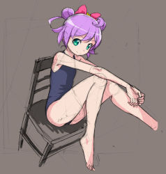 Rule 34 | 1girl, barefoot, bow, brown background, chair, double bun, full body, green eyes, hair bow, looking at viewer, manaka laala, one-piece swimsuit, pretty series, pripara, purple hair, rohitsuka, school swimsuit, short hair, sitting, sketch, smile, solo, swimsuit