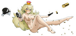 Rule 34 | 1girl, abs, blonde hair, blue eyes, blush, breasts, bullet bill, censored, censored nipples, convenient censoring, earrings, full body, gun, haraya manawari, highres, jewelry, large breasts, long hair, looking at viewer, mario (series), nintendo, nude, shell casing, simple background, smoke, smoking barrel, solo, weapon, white background