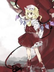 Rule 34 | 1girl, arms behind back, ascot, blonde hair, blood, blood on clothes, blood on leg, bobby socks, commentary request, crystal, eyebrows hidden by hair, feet out of frame, flandre scarlet, hair between eyes, hat, hat ribbon, highres, holding, holding polearm, holding weapon, kaigen 1025, laevatein, layered capelet, looking afar, looking ahead, mob cap, one side up, petticoat, polearm, puffy short sleeves, puffy sleeves, red background, red eyes, red ribbon, red skirt, red vest, ribbon, short hair, short sleeves, skirt, skirt set, smile, socks, solo, standing, tidal wave, touhou, vest, wavy hair, weapon, white background, white hat, wings, yellow ascot