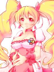 Rule 34 | 00s, 1girl, arakawa tarou, blonde hair, breasts, choker, cleavage, cure peach, earrings, fresh precure!, highres, jewelry, long hair, looking at viewer, magical girl, medium breasts, meme attire, momozono love, mouth hold, pink eyes, precure, solo, twintails