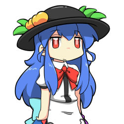 Rule 34 | 1girl, back bow, black hat, blouse, blue bow, blue hair, blue skirt, bow, bowtie, chibi, closed mouth, collared shirt, commentary, english commentary, food, fruit, hair between eyes, hat, hat ornament, hinanawi tenshi, leaf, long hair, looking at viewer, peach, puffy short sleeves, puffy sleeves, rakkidei, red bow, red bowtie, red eyes, shirt, short sleeves, simple background, skirt, solo, standing, touhou, white background, white shirt