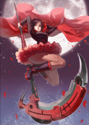 Rule 34 | 1girl, bojue yu yaojing 695657, boots, breasts, cape, cross-laced footwear, dress, frilled skirt, frills, full moon, jumping, lace-up boots, legs, moon, no legwear, petals, red skirt, ruby rose, rwby, scythe, short hair, skirt, solo, thighs, weapon