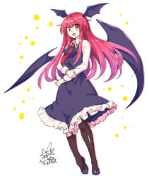 Rule 34 | 1girl, :d, bat wings, black dress, black footwear, black thighhighs, collared shirt, commentary, dress, frilled dress, frills, full body, hand on own arm, head wings, highres, koakuma, long hair, looking at viewer, multiple wings, necktie, open mouth, red eyes, red hair, red necktie, shirt, signature, simple background, smile, solo, standing, thighhighs, touhou, umigarasu (kitsune1963), white background, white shirt, wings