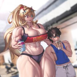Rule 34 | 1boy, 1girl, absurdres, bare shoulders, blonde hair, breasts, brown hair, buster shirt, cleavage, drinking straw, drinking straw in mouth, barghest (fate), fate/grand order, fate (series), fujimaru ritsuka (male), green eyes, hair between eyes, hand on another&#039;s shoulder, height difference, heterochromia, highres, horns, huge breasts, long hair, muscular, muscular female, nail polish, open mouth, ponytail, red eyes, shorts, standing, sweat, tall female, tank top, the freeman, thick thighs, thighs
