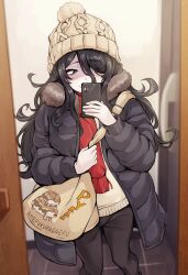 Rule 34 | 1girl, absurdres, animal print, bag, beanie, black hair, blush, cellphone, coat, commentary request, freckles, frog print, hair between eyes, hat, highres, holding, holding phone, indoors, long hair, mirror, original, pants, phone, scarf, selfie, shaded face, shashaki, shoulder bag, smartphone, solo, sweater, winter clothes