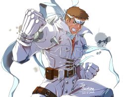 Rule 34 | 1boy, belt, belt pouch, brown belt, brown eyes, brown hair, capcom, character name, clenched hands, clenched teeth, cyberbots, dated, fighting stance, gloves, headband, male focus, o-ring, osanpogakari, pouch, saotome jin, scarf, solo, spikes, teeth, thigh strap, white gloves, white headband, white scarf