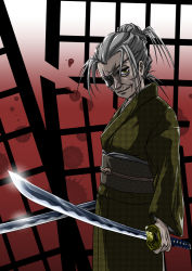 Rule 34 | 1girl, blood, blood splatter, brown eyes, closed mouth, commentary request, dual wielding, eyepatch, from side, gradient background, grey hair, hair up, head tilt, highres, holding, holding sword, holding weapon, houndstooth, japanese clothes, katana, kimono, long sleeves, looking at viewer, obi, old, old woman, original, red background, sash, scar, scar across eye, scar on face, sliding doors, solo, standing, sword, tatsuya-fxstc, weapon