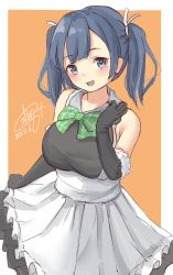 Rule 34 | 1girl, alternate costume, apron, black dress, black gloves, blue eyes, blue hair, border, bow, bowtie, breasts, calin, cowboy shot, dated, dress, elbow gloves, frilled apron, frills, gloves, green bow, green bowtie, highres, kantai collection, large breasts, one-hour drawing challenge, orange background, sleeveless, sleeveless dress, solo, souryuu (kancolle), twintails, two-tone background, waist apron, white apron, white border