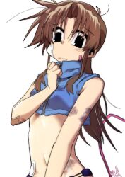 Rule 34 | 1girl, absurdres, bandaid, bandaid on cheek, bandaid on face, black eyes, blue shirt, breasts, brown hair, bruise, bruise on arm, bruise on chest, closed mouth, crop top, ed-chan (edkuroki), edkuroki, gauze on arm, gauze on cheek, gauze on hip, hair intakes, highres, injury, long hair, looking at viewer, messy hair, navel, original, pink tail, shirt, sidelocks, signature, simple background, small breasts, solo, wavy hair, white background, zipper
