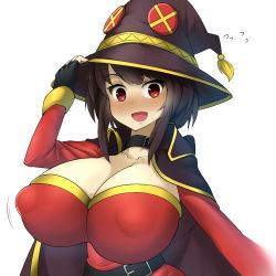 Rule 34 | 10s, 1girl, alternate breast size, belt, black belt, black gloves, black hair, blush, breasts, cape, choker, cleavage, collarbone, female focus, fingerless gloves, flying sweatdrops, gloves, hands on headwear, hat, huge breasts, impossible clothes, kono subarashii sekai ni shukufuku wo!, looking at viewer, lowres, megumin, nipples, nose blush, open mouth, puffy nipples, red eyes, short hair with long locks, sinensian, smile, solo, upper body, wavy mouth, witch, witch hat