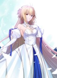 1girl absurdres ahoge archetype_earth arcueid_brunestud armpits bare_shoulders blonde_hair breasts detached_sleeves dress hand_on_own_chest highres large_breasts long_hair longdq3008 looking_at_viewer open_mouth puffy_sleeves red_eyes solo tsukihime very_long_hair white_dress