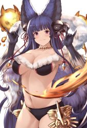 Rule 34 | 1girl, animal ears, bad id, bad pixiv id, bell, blue hair, blunt bangs, breasts, choker, erune, fang, fox ears, fox shadow puppet, fox tail, fur trim, granblue fantasy, haido (ryuuno kanzume), hair bell, hair ornament, highres, jingle bell, large breasts, long hair, looking at viewer, navel, purple eyes, simple background, solo, standing, tail, white background, yuel (granblue fantasy)