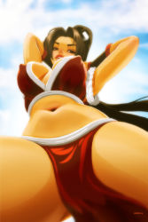 Rule 34 | 1girl, arms up, breasts, brown hair, cleavage, eddie holly, covered erect nipples, midriff, navel, shiranui mai, solo, the king of fighters