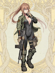 Rule 34 | 1girl, assault rifle, black bodysuit, blue eyes, bodysuit, boots, breasts, brown background, brown gloves, brown hair, cigarette, cleavage, dairoku ryouhei, fingerless gloves, full body, gloves, green jacket, grey footwear, grin, gun, hetza (hellshock), holding, holding cigarette, holding weapon, jacket, knee pads, large breasts, long hair, looking at viewer, magazine (weapon), open clothes, open jacket, ponytail, rifle, scar, scar on chest, smile, smoking, solo, standing, thigh strap, very long hair, weapon, zipper