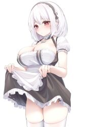 Rule 34 | 1girl, azur lane, blush, breasts, cleavage, clothes lift, cowboy shot, dress, frilled dress, frills, highres, large breasts, looking at viewer, maid, maid headdress, red eyes, short hair, short sleeves, simple background, sirius (azur lane), solo, thighhighs, thighs, uduki (nissi), white background, white hair, white thighhighs