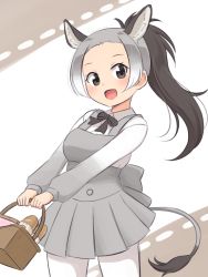 Rule 34 | 1girl, :d, absurdres, animal ear fluff, animal ears, basket, black eyes, black hair, black ribbon, bread, commentary, cowboy shot, donkey (kemono friends), donkey ears, donkey tail, dress, extra ears, food, gradient hair, grey dress, grey hair, highres, holding, holding basket, kemono friends, long hair, long sleeves, looking at viewer, multicolored hair, neck ribbon, open mouth, pantyhose, pinafore dress, pleated dress, ponytail, ribbon, shiraha maru, simple background, sleeveless, sleeveless dress, smile, solo, white hair, white pantyhose