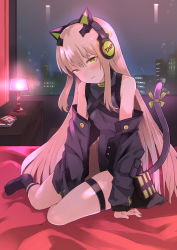 Rule 34 | 1girl, animal ear headphones, animal ears, bare arms, bare legs, bare shoulders, bed, bed sheet, black bodysuit, black jacket, black socks, blonde hair, blush, bodysuit, book, breasts, building, cat ear headphones, cat ears, cat tail, character name, choker, city, city lights, cityscape, commentary request, drawer, earphones, embarrassed, eyebrows, fake animal ears, fake tail, flustered, frown, girls&#039; frontline, green eyes, green ribbon, hands on bed, head tilt, headphones, headwear request, highres, indoors, jacket, lamp, leaning, leaning forward, legband, long hair, long sleeves, looking at viewer, night, night sky, nightstand, off shoulder, on bed, open mouth, parted bangs, parted lips, platinum blonde hair, pocket, pouch, ribbon, sidelocks, sitting, sky, small breasts, socks, solo, spots, strap, tagme, tail, tail ornament, tail ribbon, thigh bands, thigh strap, thighs, tmp (girls&#039; frontline), tomurasuisen, very long hair, wall, window, yokozuwari